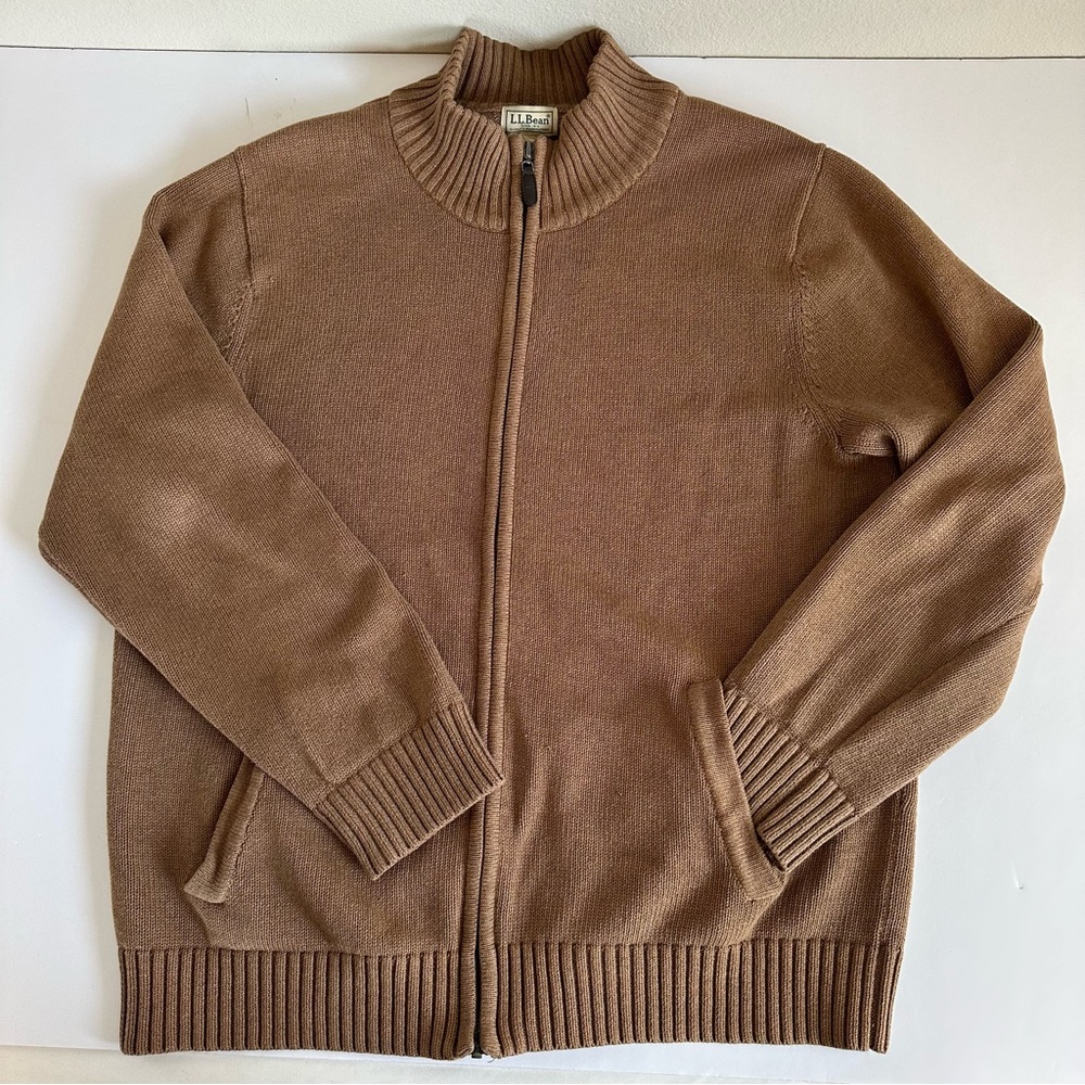 LL Bean Full Zip Brown Knit Sweater L Cabin Grandpa Heritage Minimalist Normcore